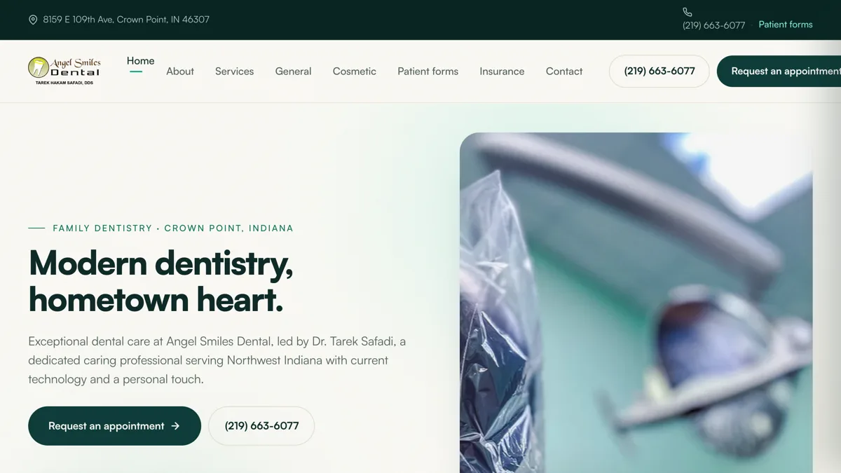 The Angel Smiles Dental homepage, rebuilt by Safina Studio and live at angelsmilesdental.com