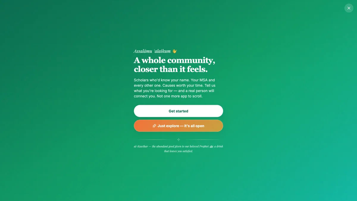 The Kawthar community platform home screen, showing prayer times, mosques and community apps