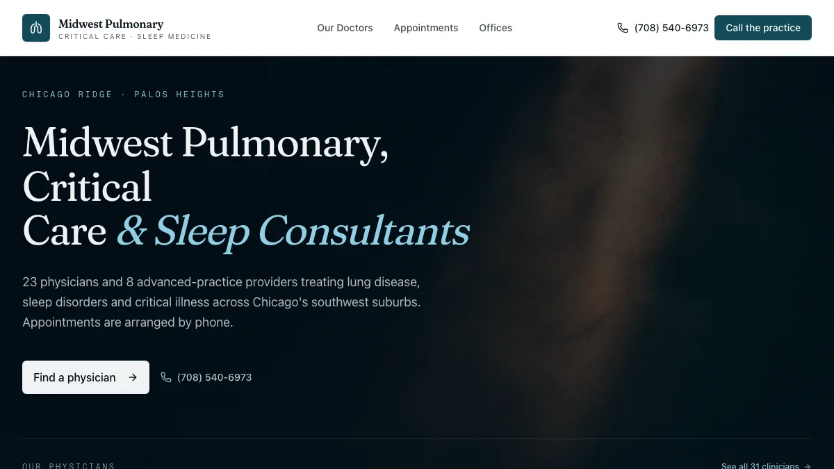 Midwest Pulmonary homepage: the practice name on a dark background, 23 physicians and 8 advanced-practice providers, a Find a physician button and the phone number.
