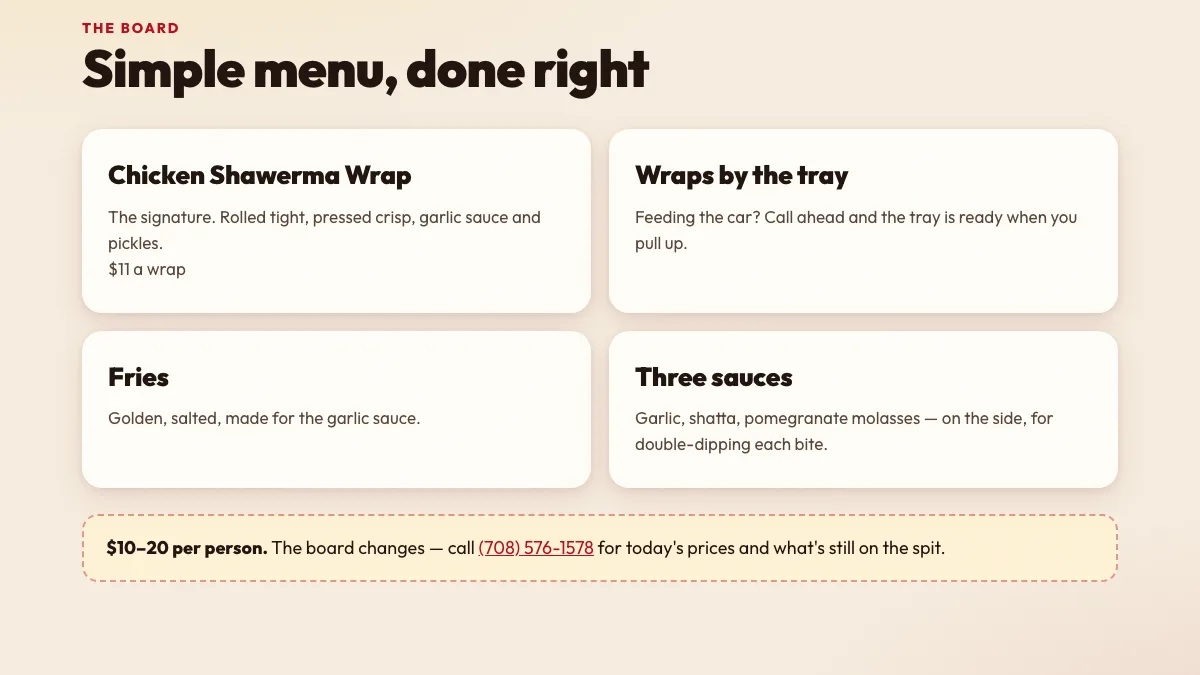 Shawerma G's menu section, The Board: the chicken shawerma wrap at $11, wraps by the tray, fries, three sauces, and a line to call for today's prices.
