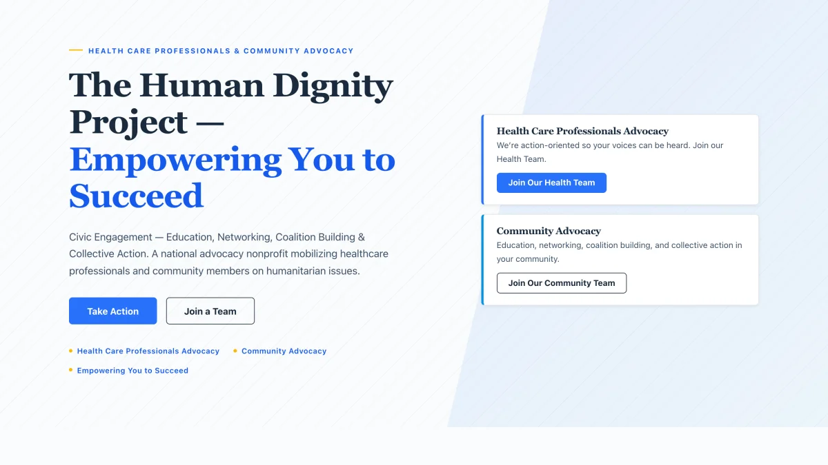 The Human Dignity Project homepage, rebuilt by Safina Studio and live at thdp.org
