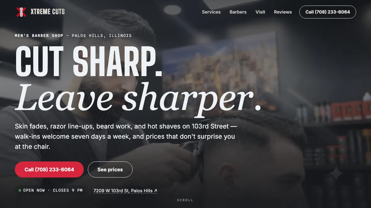 Xtreme Cuts homepage: a barber cutting a client's hair behind the headline, with a red Call button, a See prices button and the 103rd Street address.