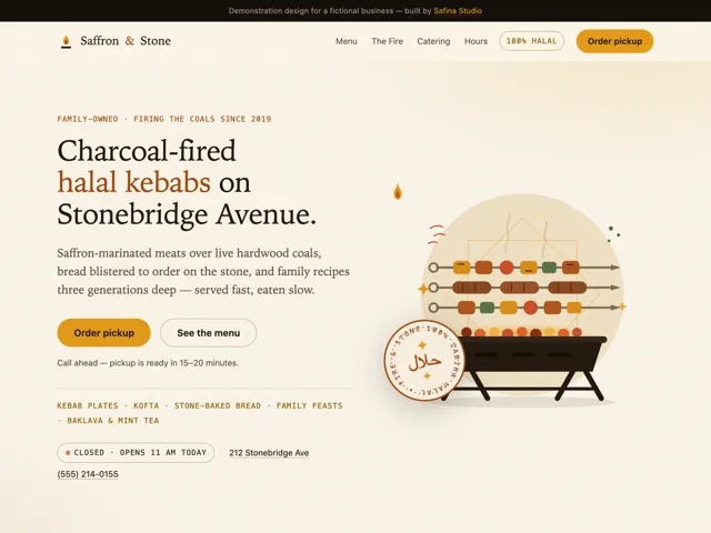 Warm restaurant website designed for Saffron and Stone